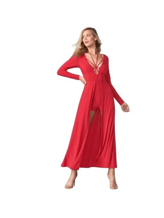 VENUS Pants - Red Venus Long Sleeve Jumpsuit With Open Front Skirt Overlay Strappy Neckline &